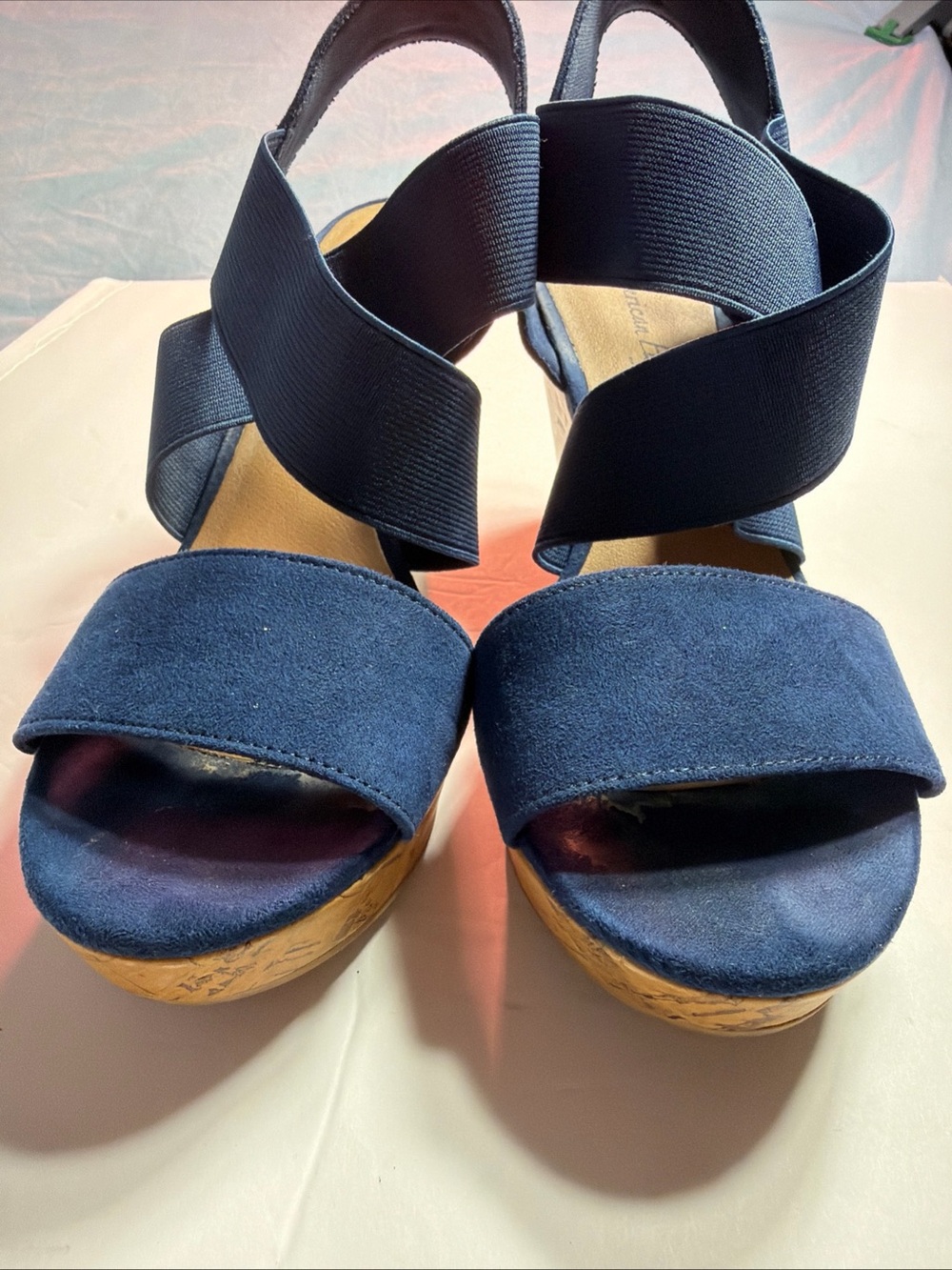 American Eagle Outfitters Navy Wedge Sandals with Elastic Crossover Straps